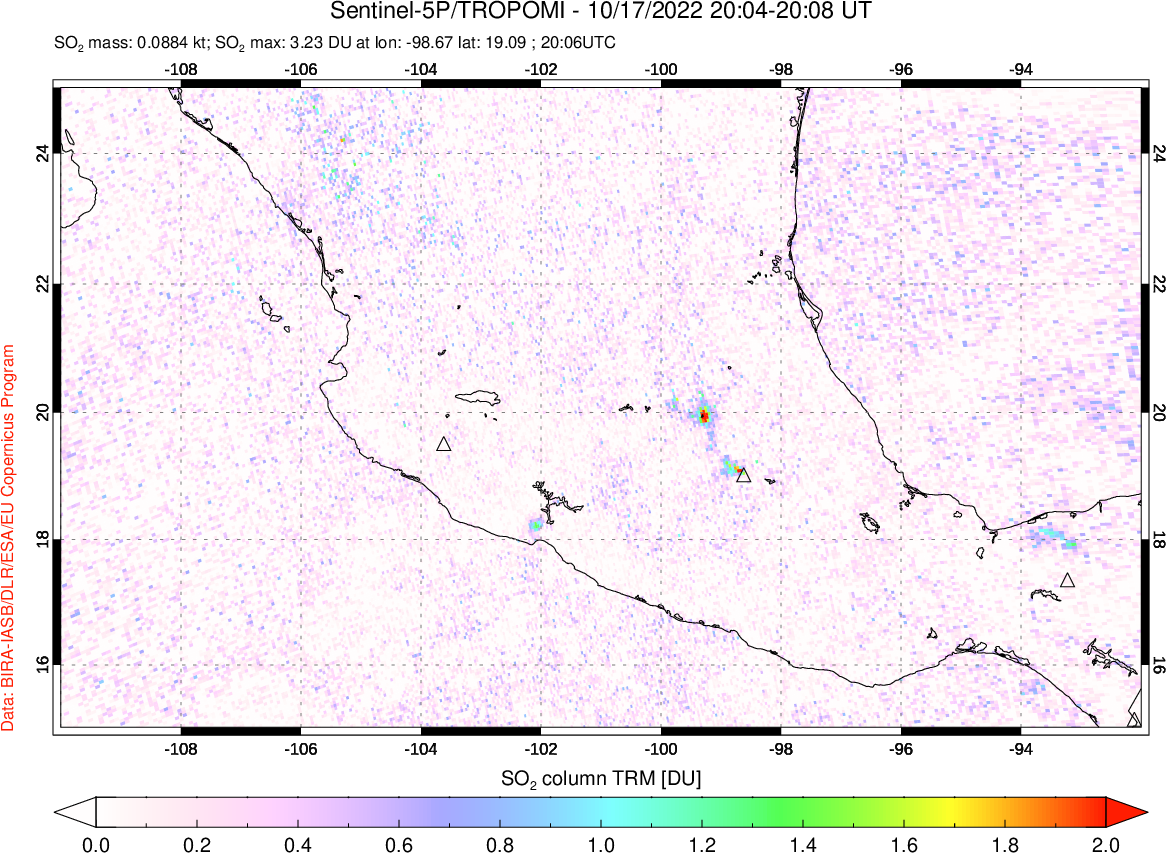 A sulfur dioxide image over Mexico on Oct 17, 2022.