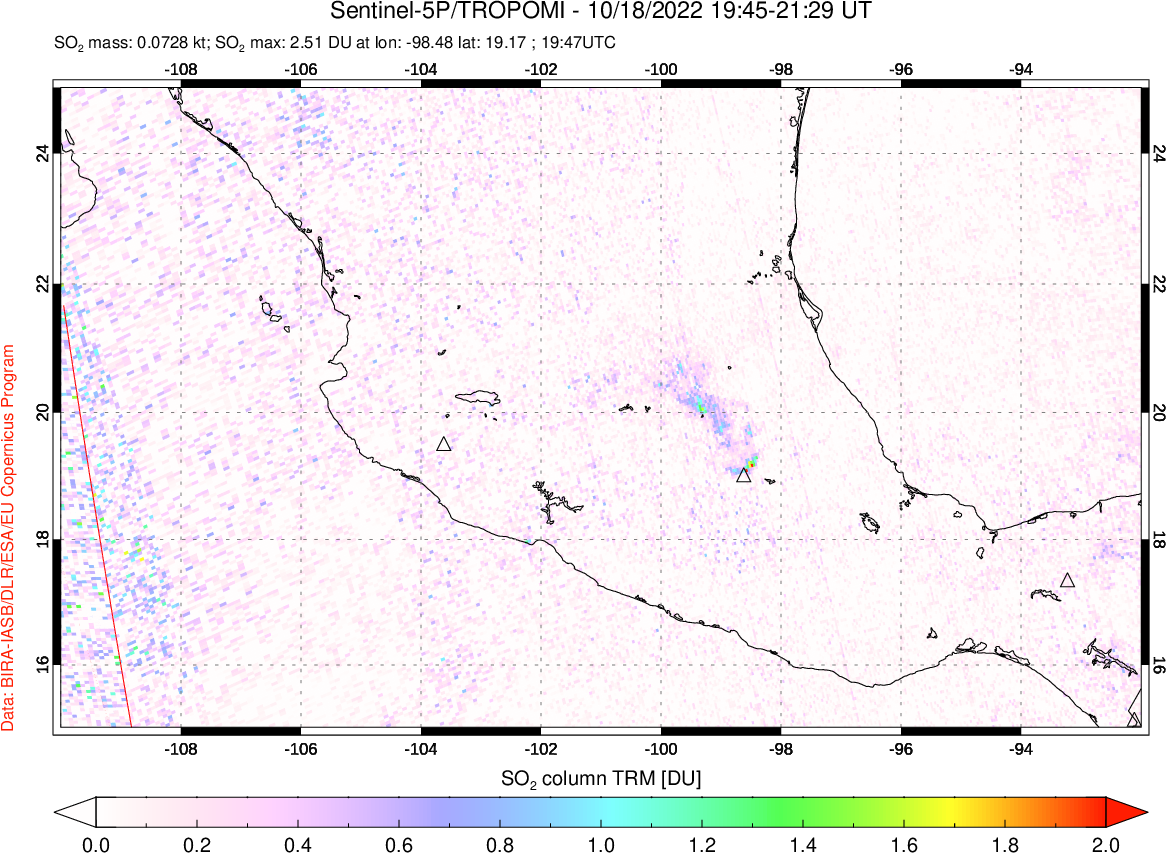 A sulfur dioxide image over Mexico on Oct 18, 2022.