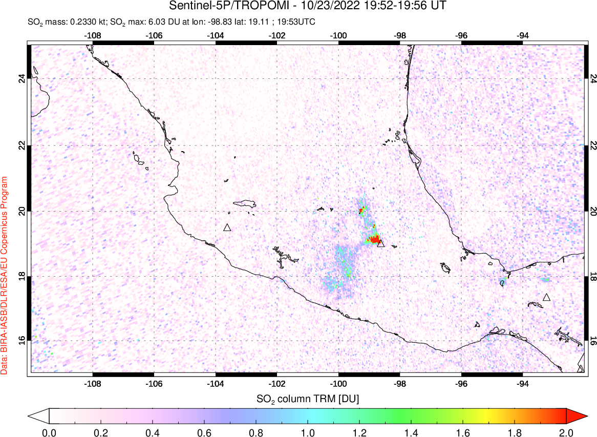 A sulfur dioxide image over Mexico on Oct 23, 2022.