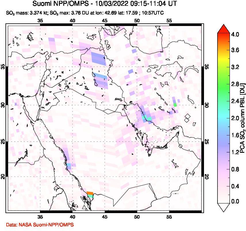 A sulfur dioxide image over Middle East on Oct 03, 2022.