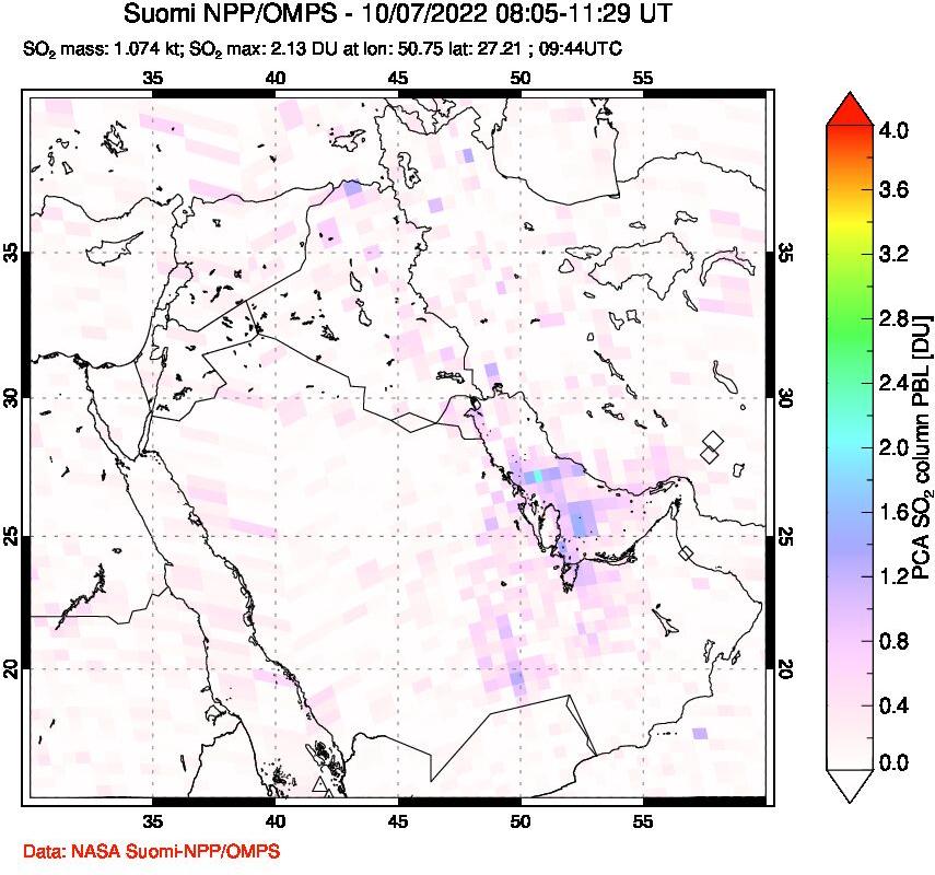 A sulfur dioxide image over Middle East on Oct 07, 2022.