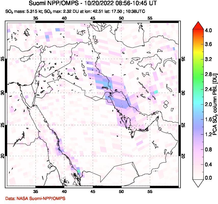 A sulfur dioxide image over Middle East on Oct 20, 2022.