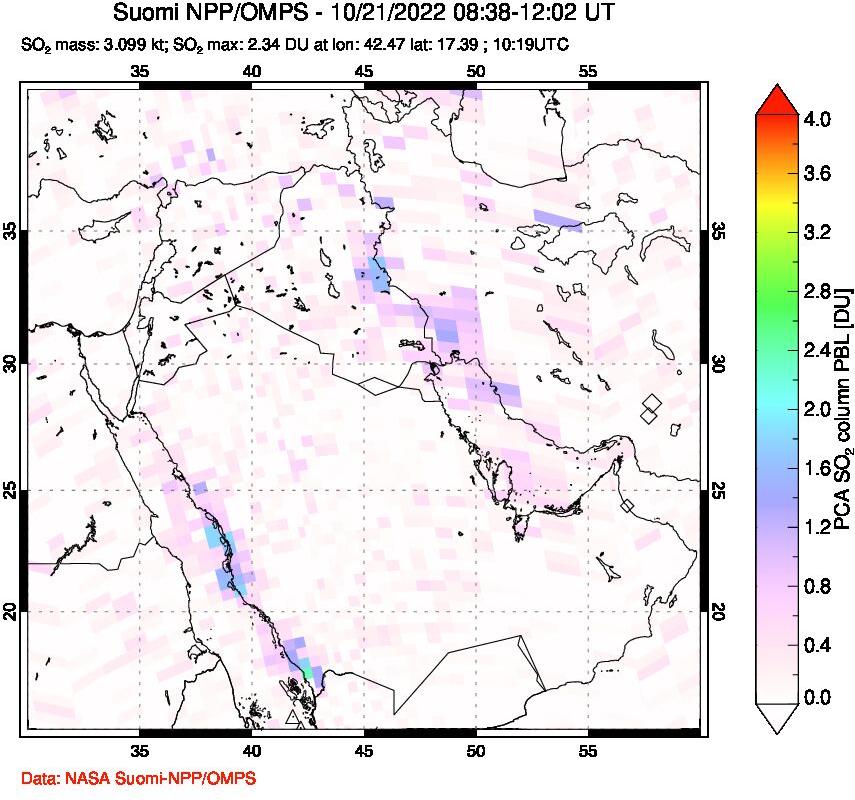 A sulfur dioxide image over Middle East on Oct 21, 2022.