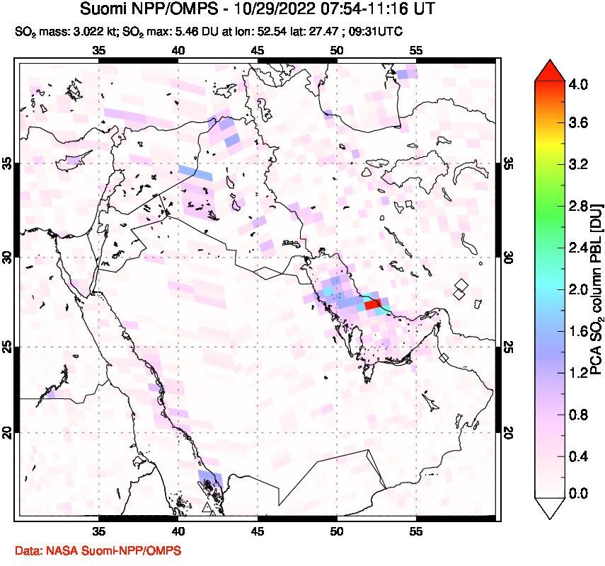 A sulfur dioxide image over Middle East on Oct 29, 2022.