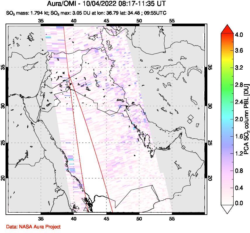 A sulfur dioxide image over Middle East on Oct 04, 2022.