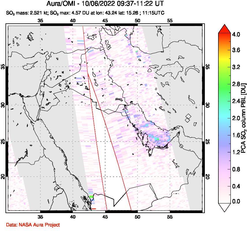 A sulfur dioxide image over Middle East on Oct 06, 2022.