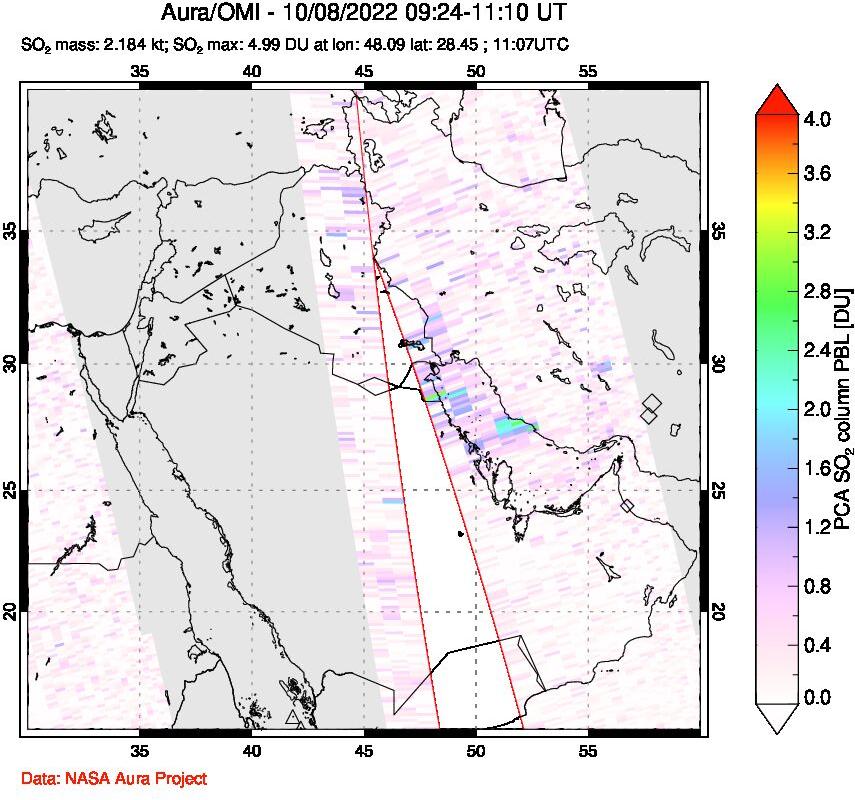 A sulfur dioxide image over Middle East on Oct 08, 2022.