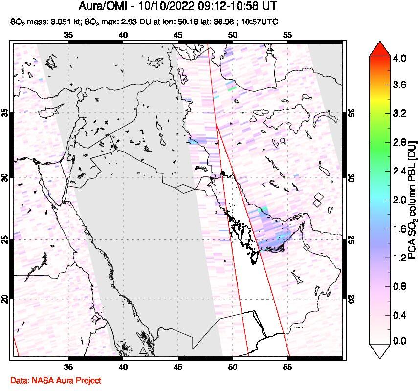 A sulfur dioxide image over Middle East on Oct 10, 2022.