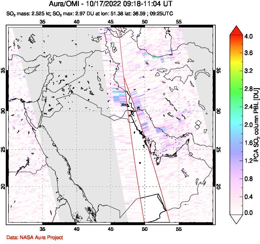 A sulfur dioxide image over Middle East on Oct 17, 2022.