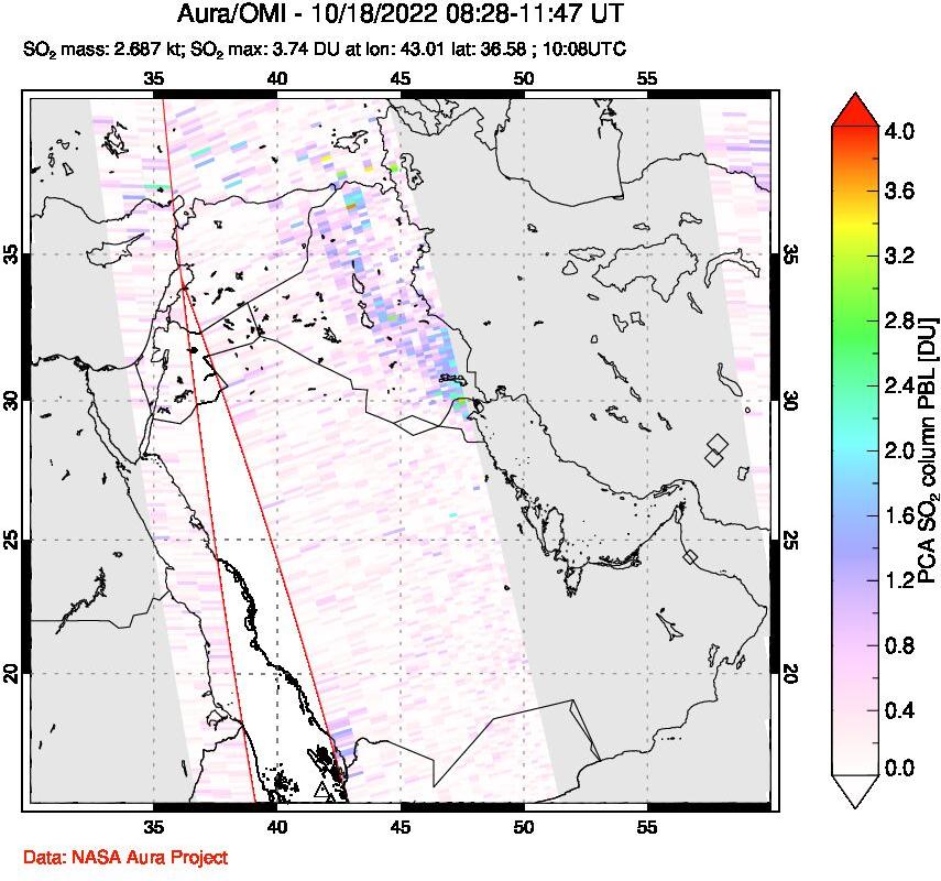 A sulfur dioxide image over Middle East on Oct 18, 2022.