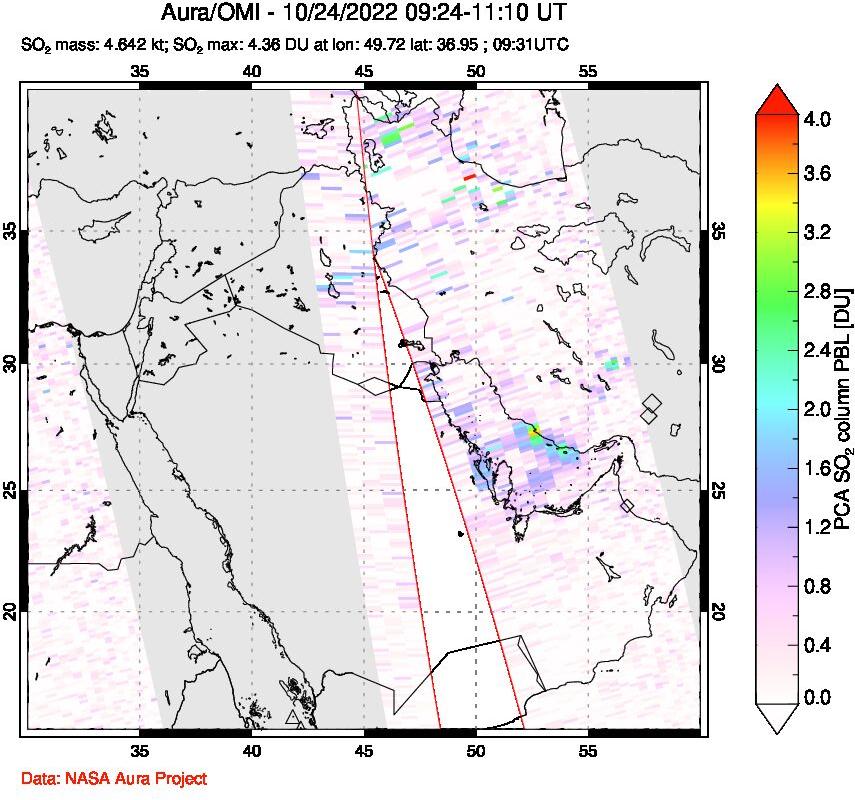 A sulfur dioxide image over Middle East on Oct 24, 2022.