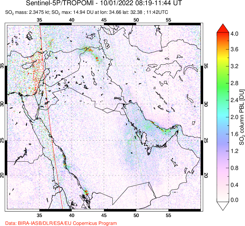 A sulfur dioxide image over Middle East on Oct 01, 2022.