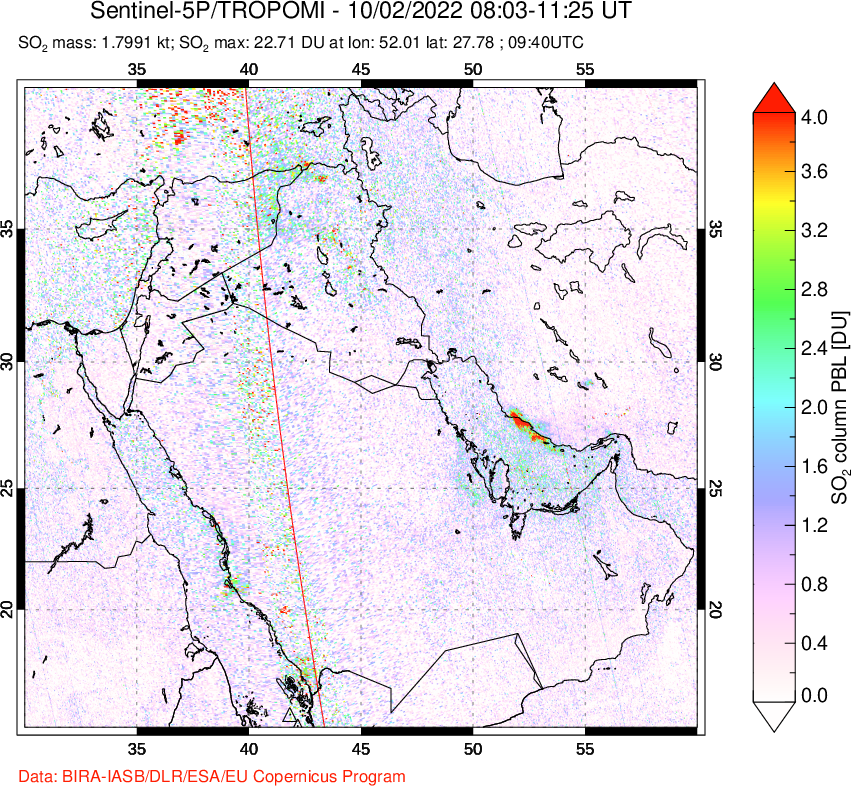 A sulfur dioxide image over Middle East on Oct 02, 2022.
