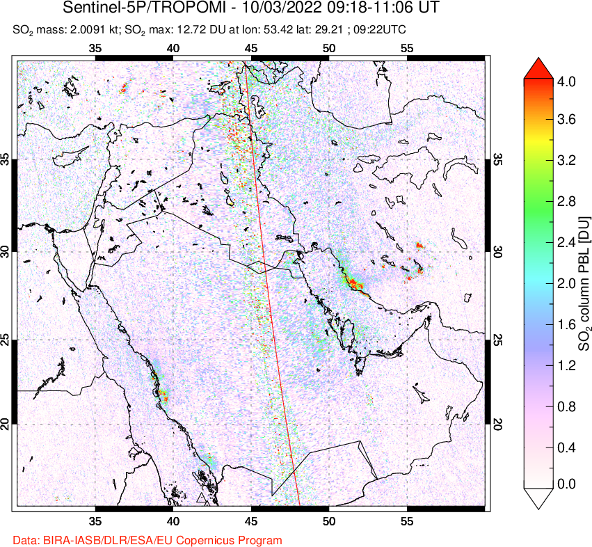 A sulfur dioxide image over Middle East on Oct 03, 2022.