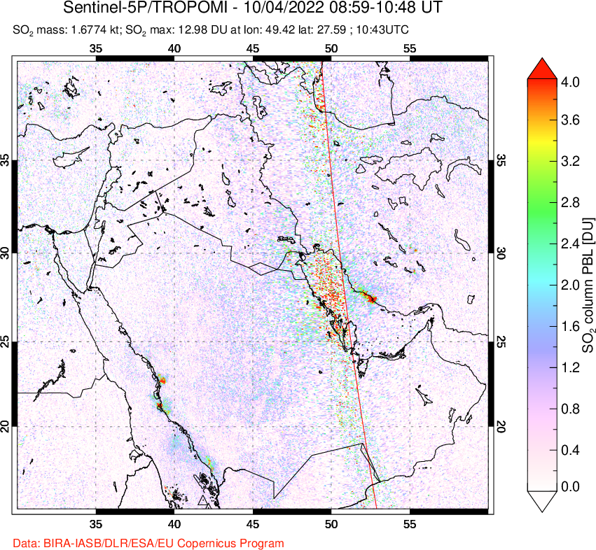 A sulfur dioxide image over Middle East on Oct 04, 2022.