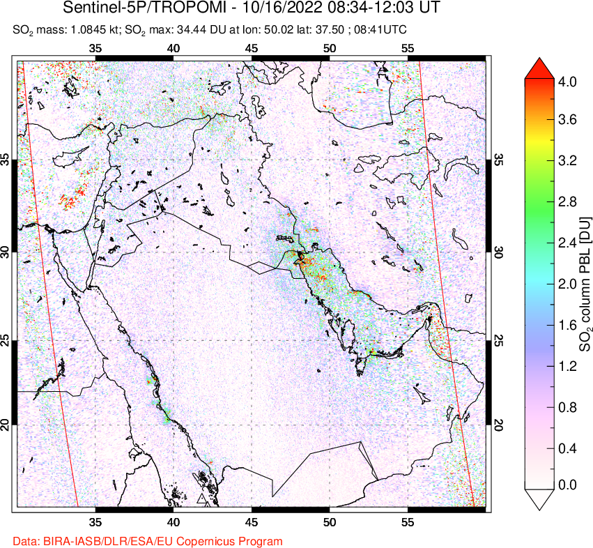 A sulfur dioxide image over Middle East on Oct 16, 2022.
