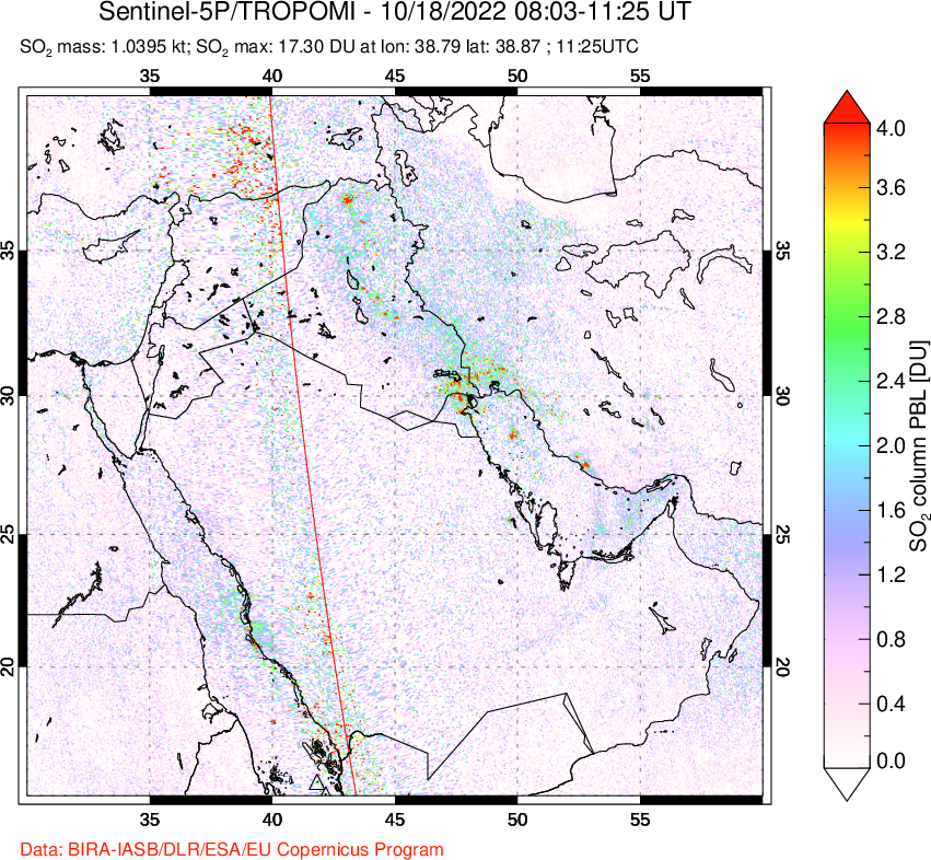 A sulfur dioxide image over Middle East on Oct 18, 2022.