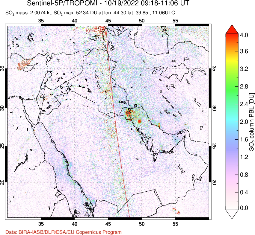 A sulfur dioxide image over Middle East on Oct 19, 2022.