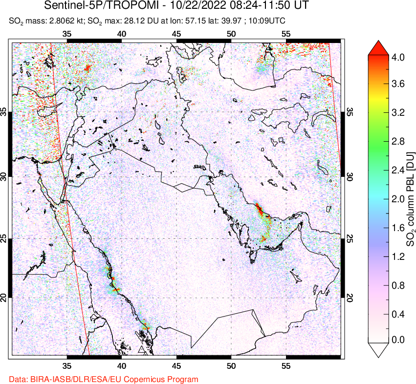 A sulfur dioxide image over Middle East on Oct 22, 2022.