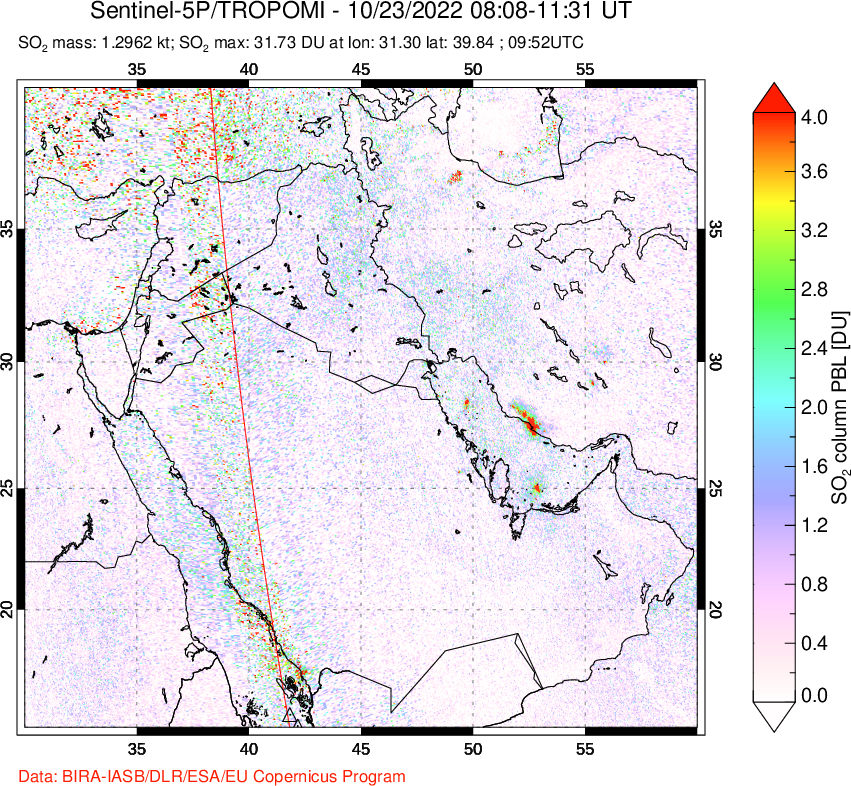 A sulfur dioxide image over Middle East on Oct 23, 2022.