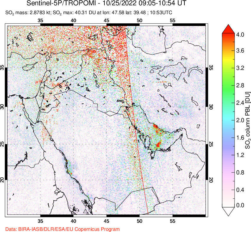 A sulfur dioxide image over Middle East on Oct 25, 2022.