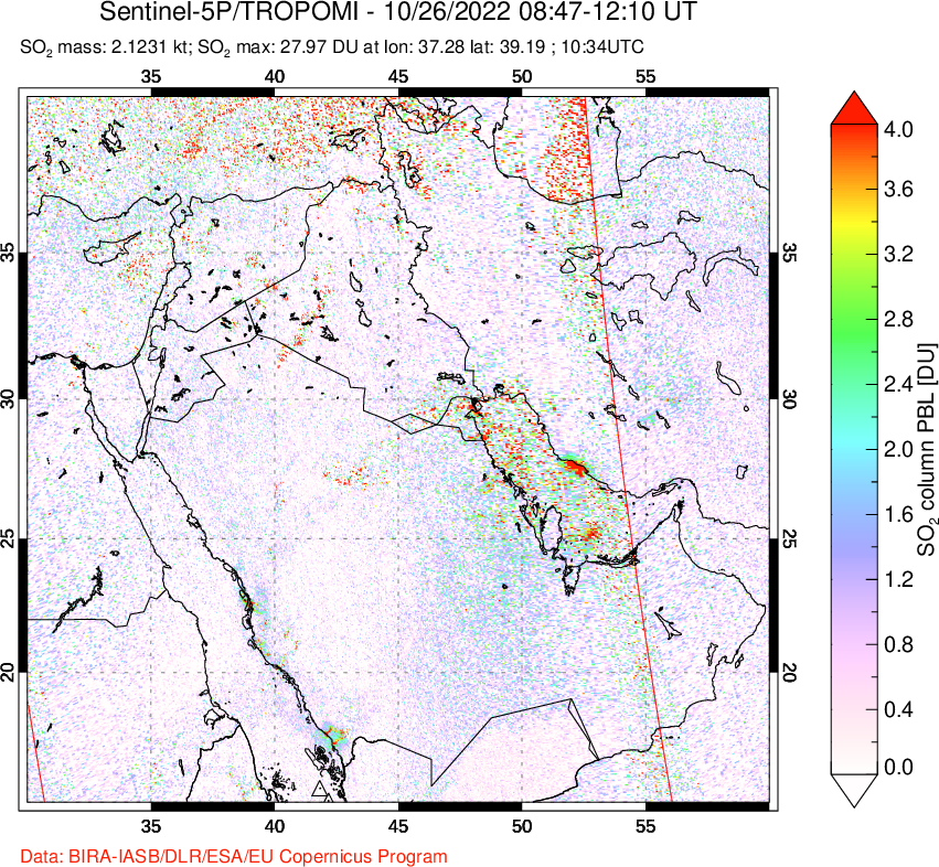 A sulfur dioxide image over Middle East on Oct 26, 2022.