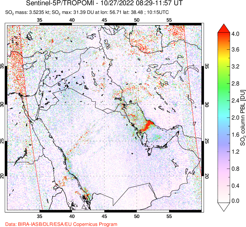A sulfur dioxide image over Middle East on Oct 27, 2022.