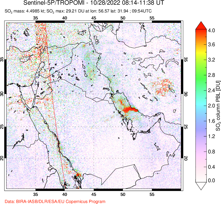 A sulfur dioxide image over Middle East on Oct 28, 2022.