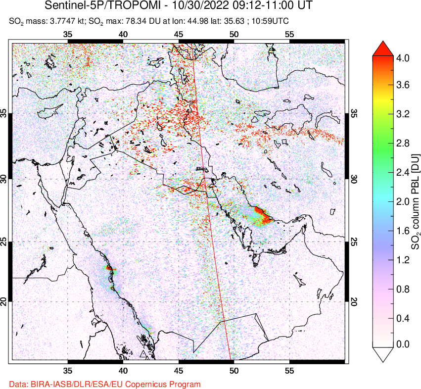A sulfur dioxide image over Middle East on Oct 30, 2022.