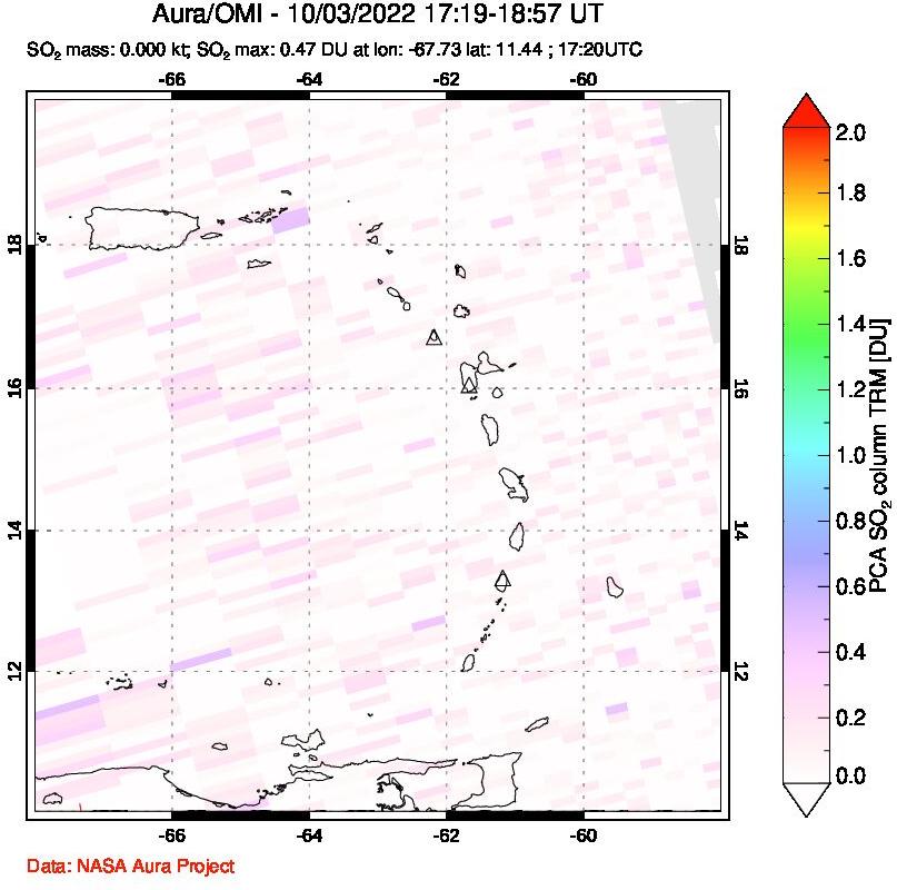 A sulfur dioxide image over Montserrat, West Indies on Oct 03, 2022.