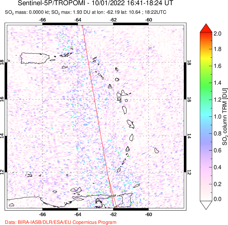 A sulfur dioxide image over Montserrat, West Indies on Oct 01, 2022.