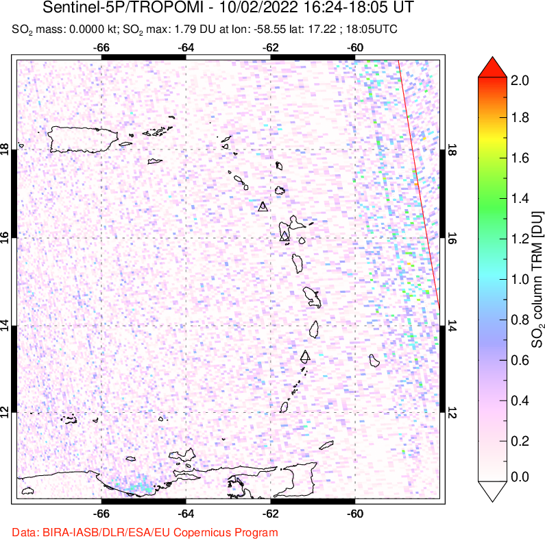 A sulfur dioxide image over Montserrat, West Indies on Oct 02, 2022.