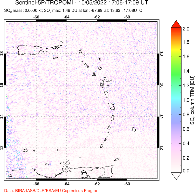 A sulfur dioxide image over Montserrat, West Indies on Oct 05, 2022.
