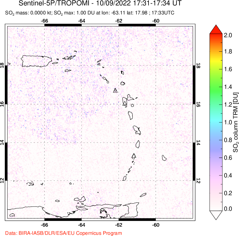 A sulfur dioxide image over Montserrat, West Indies on Oct 09, 2022.