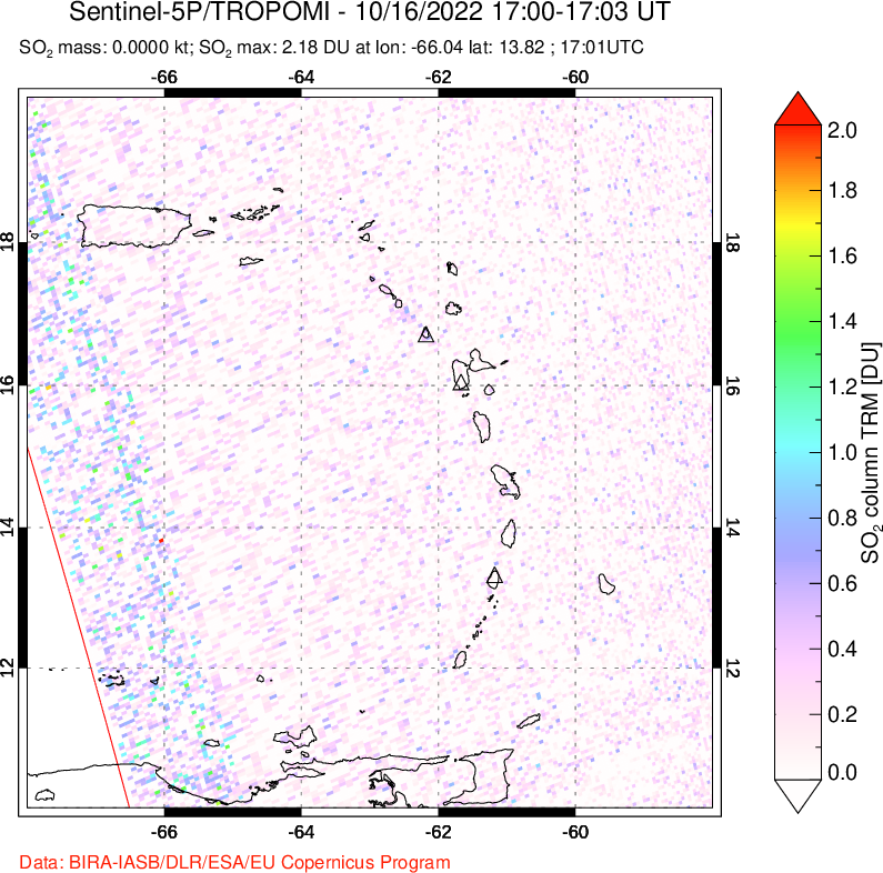 A sulfur dioxide image over Montserrat, West Indies on Oct 16, 2022.