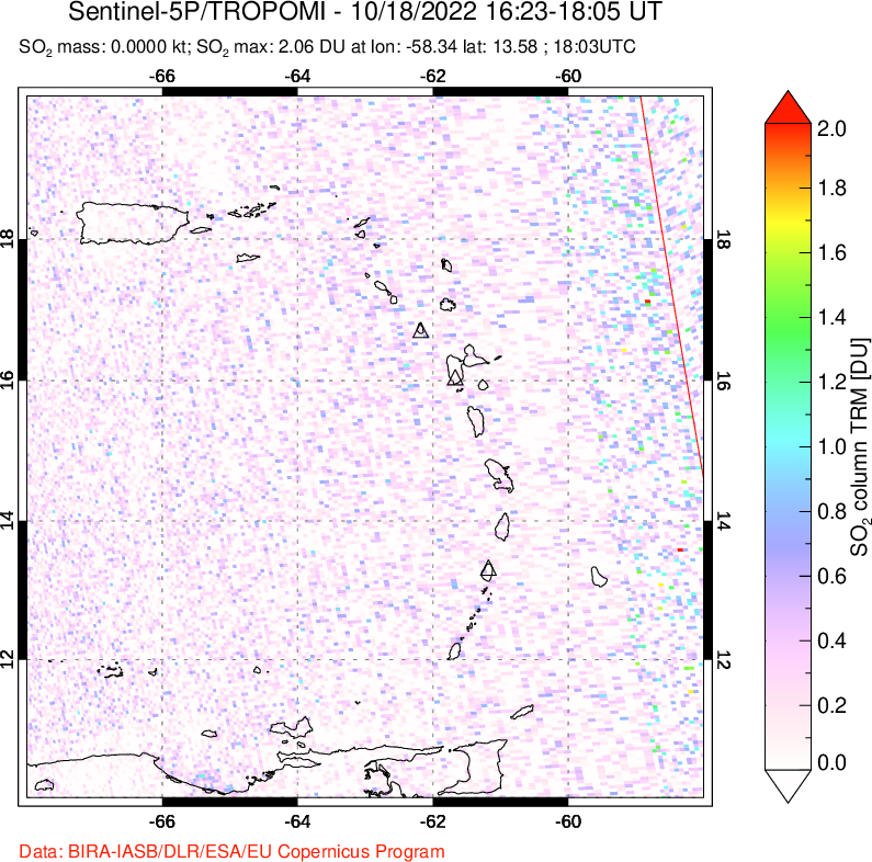 A sulfur dioxide image over Montserrat, West Indies on Oct 18, 2022.