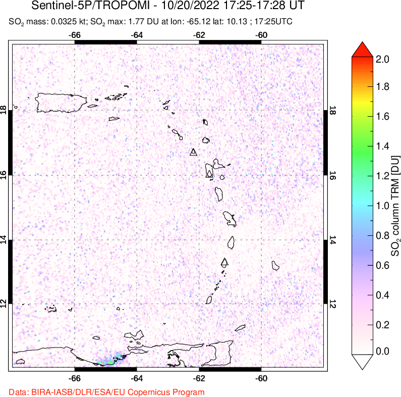 A sulfur dioxide image over Montserrat, West Indies on Oct 20, 2022.