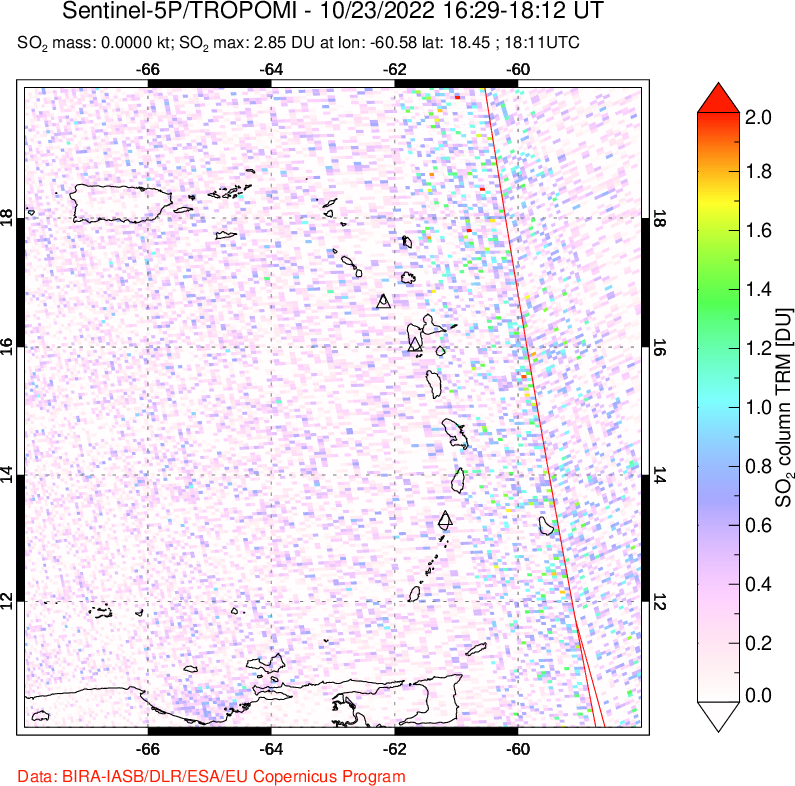 A sulfur dioxide image over Montserrat, West Indies on Oct 23, 2022.