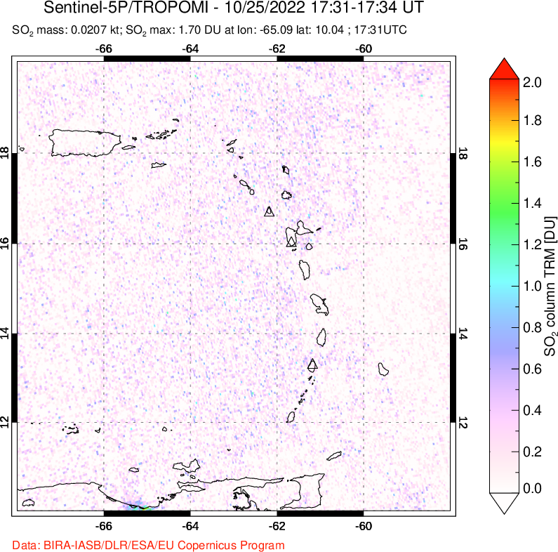 A sulfur dioxide image over Montserrat, West Indies on Oct 25, 2022.