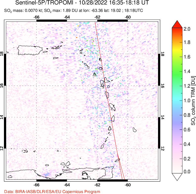 A sulfur dioxide image over Montserrat, West Indies on Oct 28, 2022.