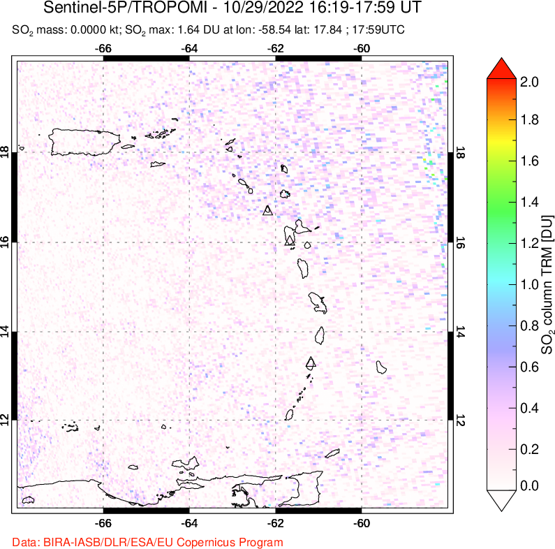 A sulfur dioxide image over Montserrat, West Indies on Oct 29, 2022.