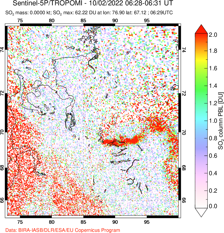 A sulfur dioxide image over Norilsk, Russian Federation on Oct 02, 2022.