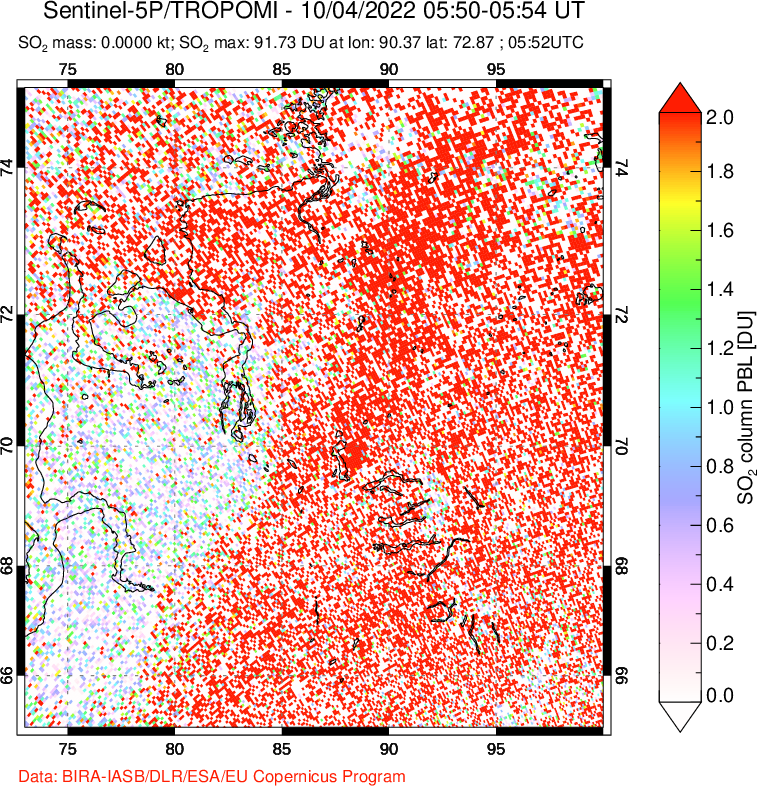 A sulfur dioxide image over Norilsk, Russian Federation on Oct 04, 2022.
