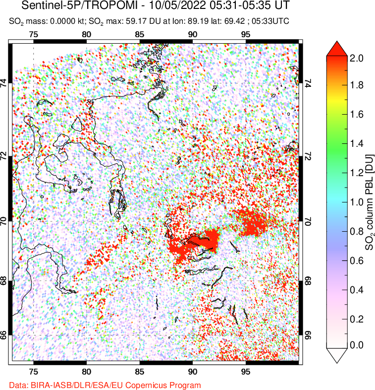 A sulfur dioxide image over Norilsk, Russian Federation on Oct 05, 2022.