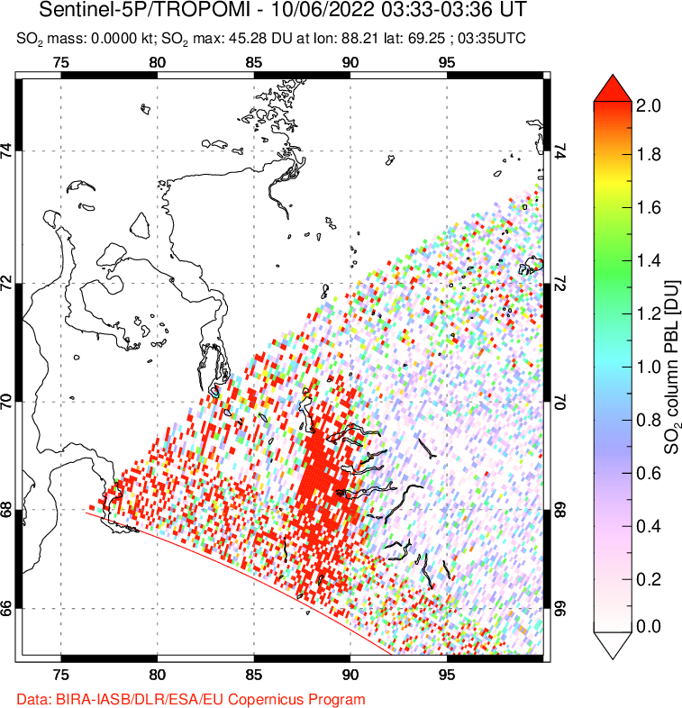 A sulfur dioxide image over Norilsk, Russian Federation on Oct 06, 2022.