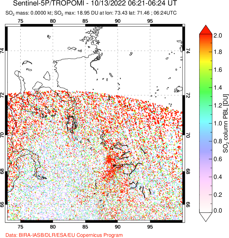 A sulfur dioxide image over Norilsk, Russian Federation on Oct 13, 2022.
