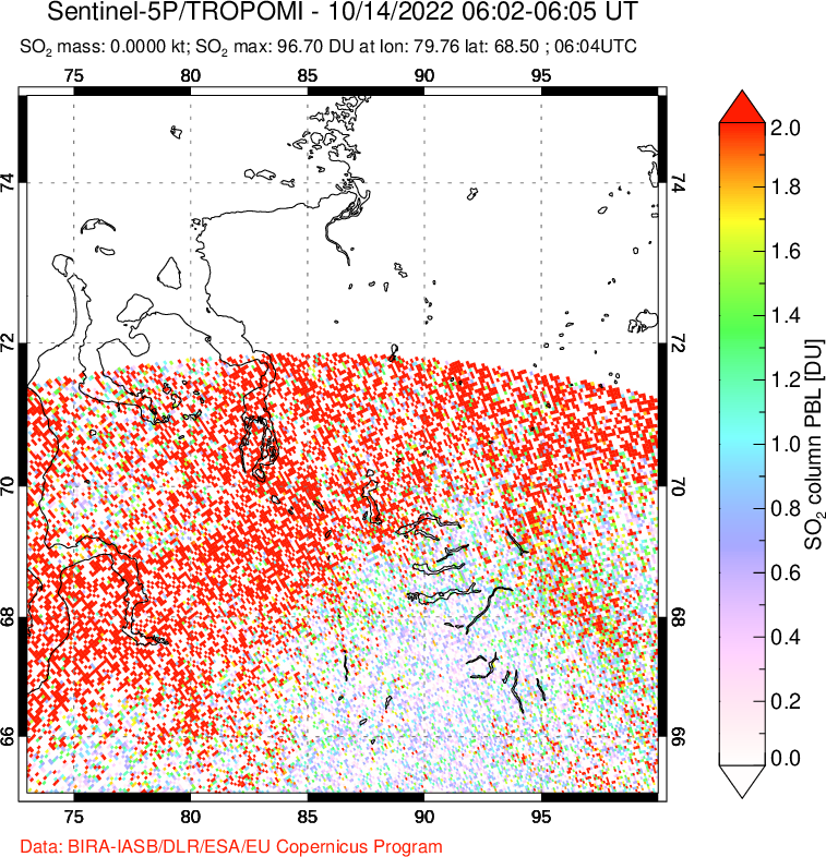 A sulfur dioxide image over Norilsk, Russian Federation on Oct 14, 2022.