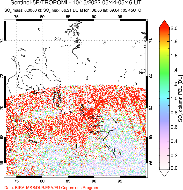 A sulfur dioxide image over Norilsk, Russian Federation on Oct 15, 2022.
