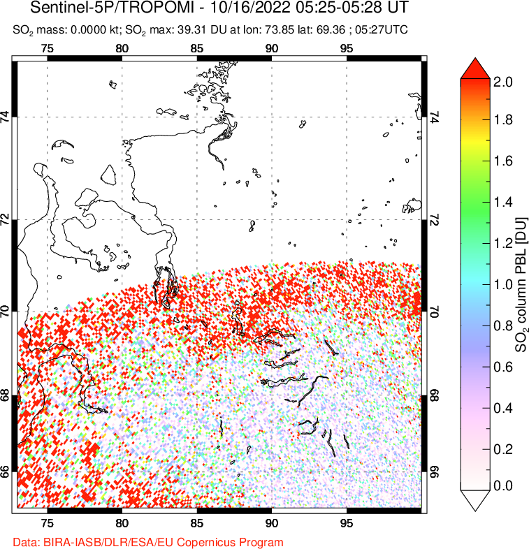 A sulfur dioxide image over Norilsk, Russian Federation on Oct 16, 2022.