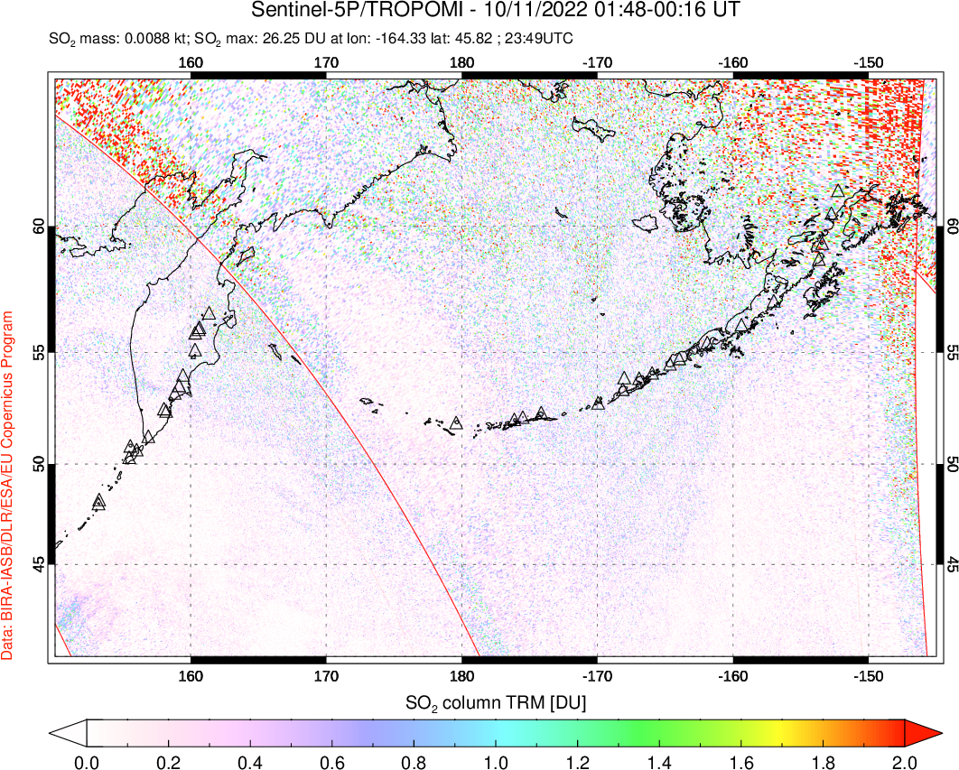 A sulfur dioxide image over North Pacific on Oct 11, 2022.
